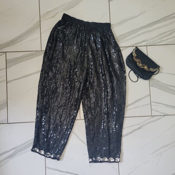 Goregous Vintage Cotton Zone Black Sequins pants with silver Accents size 18 - Picture 1 of 11